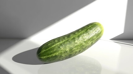 Wall Mural - A single, green cucumber, with a slightly bumpy texture, resting on a white surface with a beam of light hitting it.