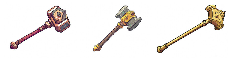 Illustrations of Various Fantasy Hammers, Featuring Unique Designs and Textures for Creative Projects and Fantasy-themed Artwork