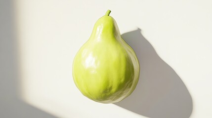 Wall Mural - A single, green guava fruit on a white background with a shadow cast by the sunlight.