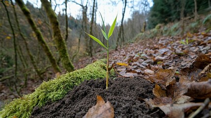 Poster - A single green sprout pushing through the ground in a forest, surrounded by fallen leaves and moss.