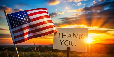 Silhouette of a Blank Card on a Flag with the Words Thank You Against a Dramatic Sunset Background, Perfect for Expressing Gratitude and Appreciation in Stock Photography