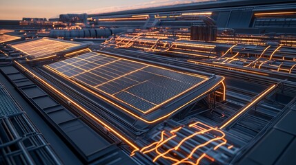 A high-tech solar array on the roof of a futuristic factory, with glowing panels tracking the suns movement throughout the day. 