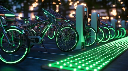 a network of sleek electric bicycles parked at a solar-powered charging station in a clean, modern c