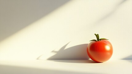 Wall Mural - A single red tomato sits on a white surface, casting a shadow in the sunlight.
