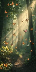 Wall Mural - Enchanted forest bathed in soft light with colorful butterflies fluttering around, fairytale, fauna, magical
