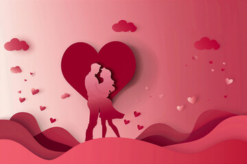 paper cut style of couple kiss valentines day red background