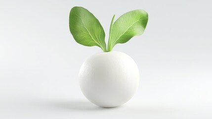 Wall Mural - a single white sphere with two green leaves growing from the top, on a white background.