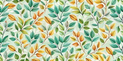 Aufkleber - A delicate watercolor pattern featuring an intricate arrangement of vibrant green and golden leaves, evoking a sense of nature's beauty and tranquility.