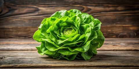 Poster - A fresh head of lettuce sits on a rustic wooden surface, showcasing its vibrant green leaves and delicate texture.