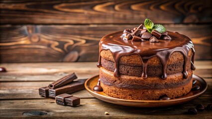 Poster - A Rich Chocolate Cake Drizzled with Ganache and Topped with Chocolate Pieces and a Sprig of Mint, Resting on a Brown Plate and Wooden Surface