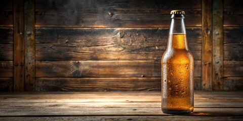 Poster - A Single Bottle of Beer on a Rustic Wooden Table with a Blurred Wooden Background