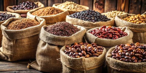 Poster - A rustic arrangement of various beans and grains in burlap sacks, showcasing a variety of textures and colors, creating a visually appealing and wholesome scene.