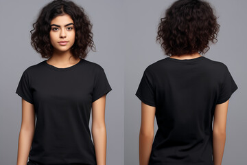 Wall Mural - Hispanic young woman wearing a black casual t-shirt. Side view, behind and front view of a mock up template for a t-shirt design print 