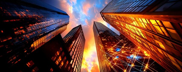 Canvas Print - A dynamic cityscape with towering skyscrapers reflecting vibrant sunset hues and a dramatic sky.