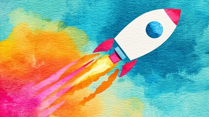 Wall Mural - A colorful watercolor illustration of a rocket launching through vibrant clouds, symbolizing exploration and adventure.
