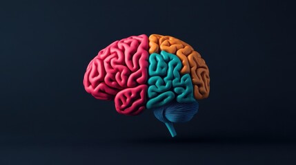 Poster - A colorful, stylized brain illustration divided into four sections with distinct colors, set against a dark background.