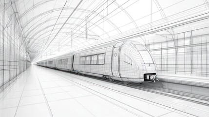 Poster - metro station's modern train rendered in 3d wireframe, emphasizing rapid transit.