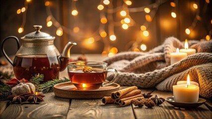 Aufkleber - A warm cup of tea with cinnamon sticks and candles on a rustic wooden table, creating a cozy and inviting atmosphere.