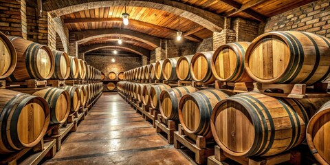 Poster - Rows of wooden barrels in a wine cellar, illuminated by warm light, showcasing the rich history and tradition of winemaking
