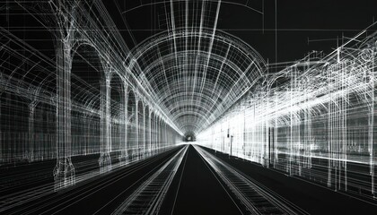Poster - detailed wireframe rendering of intricate train station architecture for visualization.
