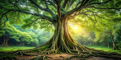 Poster - A Majestic Tree Stands Tall in a Lush Forest, Its Massive Roots Anchoring it Firmly to the Earth, While Sunlight Filters Through the Canopy