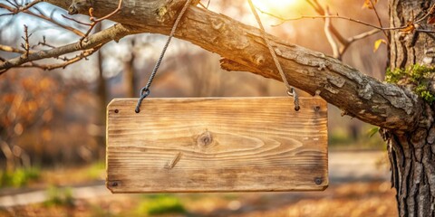 Aufkleber - A weathered wooden sign hangs from a branch in a forest setting, offering a blank canvas for your message.