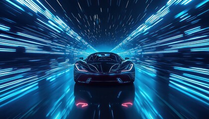 Poster - Sleek car races through a glowing tunnel, outlined in blue wireframe.