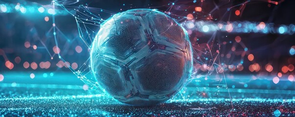 Poster - Sports training techniques showcased through a holographic soccer ball with data streams.
