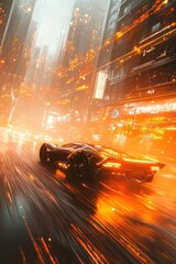 Poster - Futuristic car illustrated as speeding through an urban scene with an orange, misty glow.