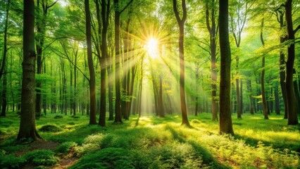 Poster - Sunlight streams through the dense canopy of a lush, green forest, illuminating the forest floor with golden rays.
