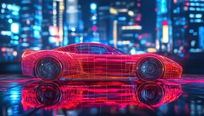 Poster - Neon city scene with a red sports car framed by wireframe, symbolizing speed.
