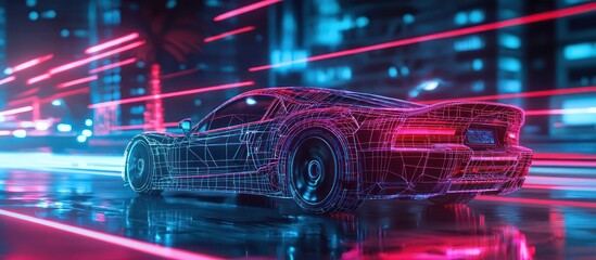 Poster - Neon lights and vibrant digital wireframe showcase a car in a city night scene.