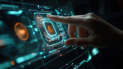 Poster - Dark backdrop features a hand manipulating a 3D smart car interface hologram.