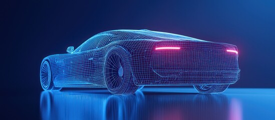 Poster - Futuristic car displayed in AR wireframe from the rear against a blue digital backdrop.