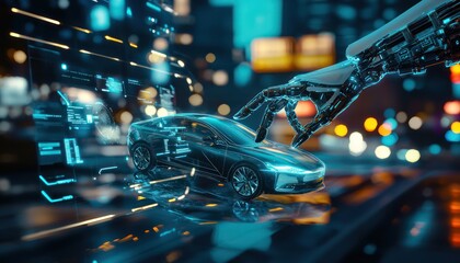 Poster - A robotic hand engages with a 3D holographic smart car interface on a blurred backdrop.