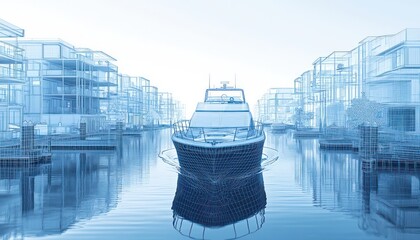 Poster - A wireframe watercraft is visualized navigating a high-tech digital marina setting.