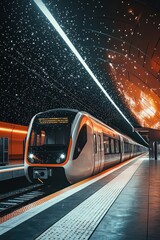 Poster - modern train visualized as a starry night-themed digital mesh at a station.