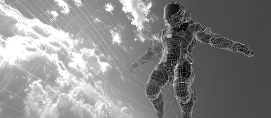 Poster - VR experience of a futuristic jet pack in wireframe, soaring in a high-res digital sky.