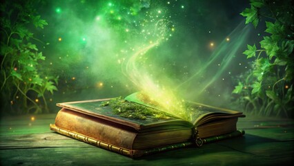 Poster - A magical book emits a glowing green light that fills the air with swirling dust and sparkles, creating a mystical and enchanting atmosphere.