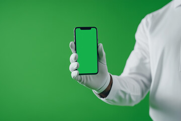 Aufkleber - person wearing golf glove holds smartphone with green screen, showcasing modern and clean design. vibrant green background enhances focus on device