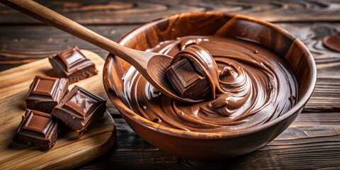 Poster - Spoonful of Melted Chocolate Being Drained from Wooden Bowl onto Wooden Cutting Board with Chocolate Bars