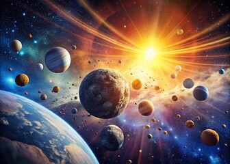 Wall Mural - Stunning Double Exposure of an Asteroid Belt with a Planet and Bright Sunlight in Space, Capturing the Depths of the Universe and Cosmic Beauty