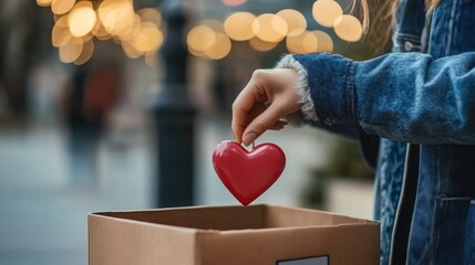 Give with Your Heart : A person placing a heart-shaped item or donation card into a charity box, showing that giving is both a gesture of love and action