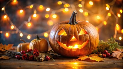 Poster - A glowing jack-o-lantern with a carved face sits on a wooden table with autumn leaves and berries, illuminated by a string of warm lights.