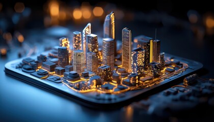 Poster - Futuristic city skyline with illuminated buildings on a digital circuit board.