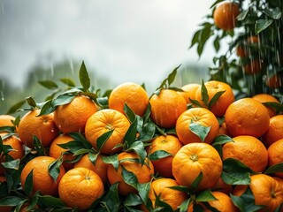 Wall Mural - A vibrant rain of fresh oranges falling against a dark background, harvest, juicy, refreshing