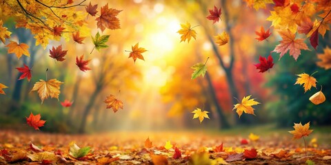 Poster - A gentle breeze carries fallen autumn leaves through the air, creating a picturesque scene of vibrant colors and ethereal beauty.