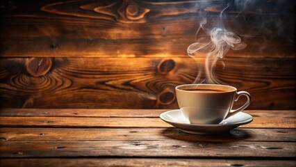 Poster - A steaming cup of coffee on a rustic wooden table, creating a comforting and cozy atmosphere