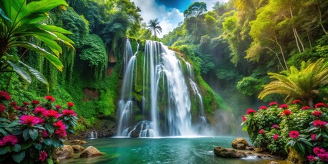 Poster - A cascading waterfall plunges into a serene pool, surrounded by lush greenery and vibrant flowers, creating a picturesque oasis in the heart of nature.