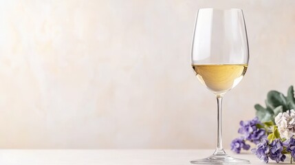 A elegant glass of white wine sits beside colorful flowers on a soft neutral background, creating a serene and sophisticated ambiance.